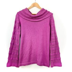 Womens L Cowl Neck Sweater Pointelle Knit Coquette Long Bell Sleeve Y2K Fairy